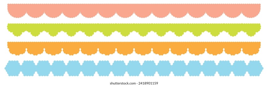 Scallop edge shapes vector set, modern brutalism forms collection. Retro wave swiss design elements with frill border isolated.