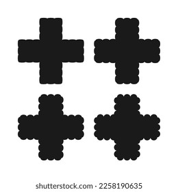 Scallop edge Swiss cross icon set. A quartet of black symbols with scalloped edges. Isolated on a white background.