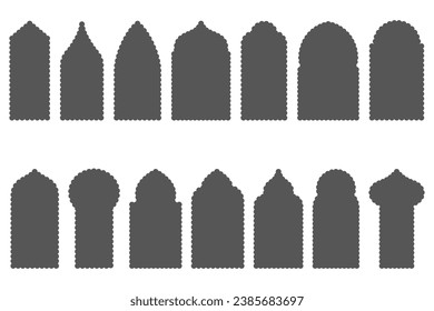 Scallop edge window frame. Lace border shapes set. Simple frill silhoette. Arabic arches collection. Vector illustration.