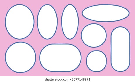 Scallop edged circular frame templates set. Oval and rectangle shapes. Geometry borders with perforation. Lace frill pack. Trendy blocks blank layout. Vector illustration.