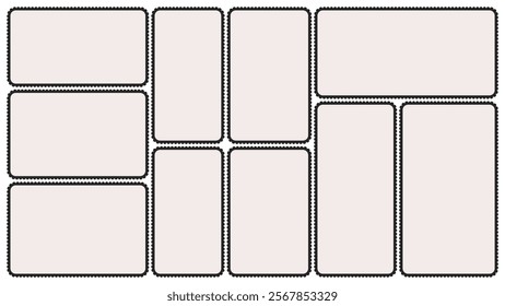 Scallop edged frame template. Bento collage grid shapes. Geometry modular moodboard borders with perforation. Label textboxes Lace frill pack. Trendy blocks blank layout. Vector flat illustration.