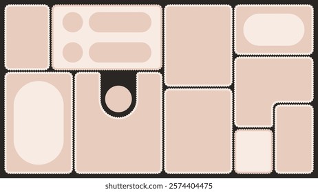 Scallop edged frame template. Bento collage grid shapes. Geometry modular moodboard borders with perforation. Label textboxes Lace frill pack. Trendy blocks blank layout. Vector flat illustration.