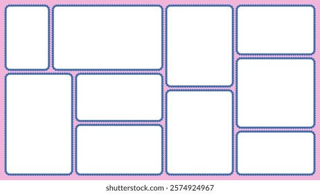 Scallop edged frame template. Bento collage grid shapes. Geometry modular moodboard borders with perforation. Label textboxes Lace frill pack. Trendy blocks blank layout. Vector flat illustration.