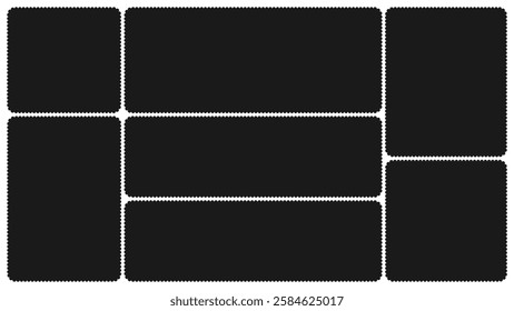 Scallop edged frame template. Bento collage grid shapes. Geometry modular moodboard borders with perforation. Label textboxes Lace frill pack. Trendy blocks blank layout. Vector flat illustration.