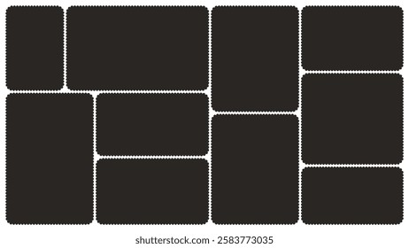 Scallop edged frame template set. Bento box rectangle borders shapes. Geometry modular moodboard with perforation. Lace frill pack. Trendy blocks blank layout. Vector flat illustration.