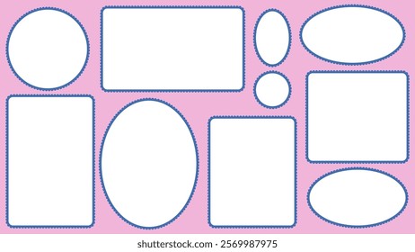 Scallop edged frame templates set. Oval and rectangle shapes. Geometry borders with perforation. Label textboxes Lace frill pack. Trendy blocks blank layout. Vector flat illustration.