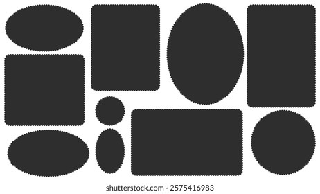 Scallop edged frame templates set. Oval and rectangle shapes. Geometry borders with perforation. Label textboxes Lace frill pack. Trendy blocks blank layout. Vector flat illustration.