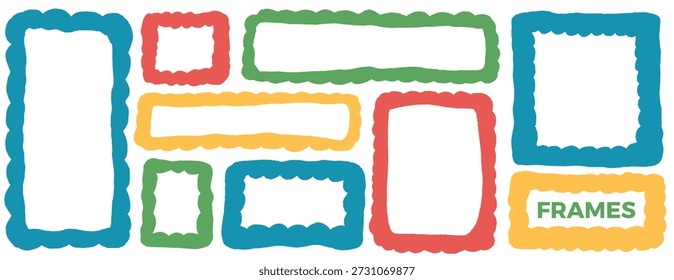 Skalieren Sie die Rahmen von Rechtecken mit Kanten. Organische, wellenförmige, abstrakte, geometrische Textfelder. Gekrümmte, zickzackförmige leere Ränder. Vektorblaue, rote und gelbe Callouts und Promo-Abzeichen einzeln auf weißem Hintergrund.