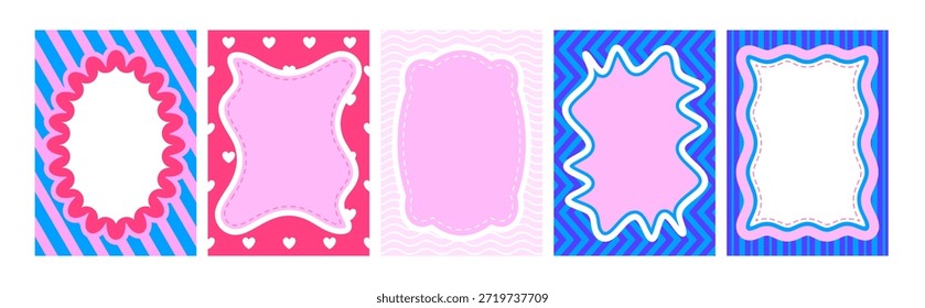 Colección de borde de marco de festón con bordes ondulados sobre fondos vibrantes de patrón Y2K. Formas rectangulares y ovaladas con líneas onduladas, corazones y rayas. Lindos diseños retro para pegatinas y etiquetas.