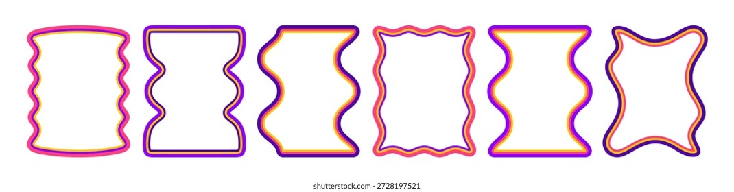 Conjunto de borde de marco de festón con bordes ondulados y Formas onduladas. Marcos rectangulares de estilo Y2K en colores vibrantes con lindas líneas curvas, patrones funky y diseños retro starburst.