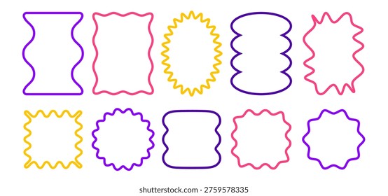 Scallop frame border set with wavy edges and squiggly shapes. Y2K style rectangle, circle and square frames in vibrant colors with cute curvy lines, funky patterns and retro starburst designs.