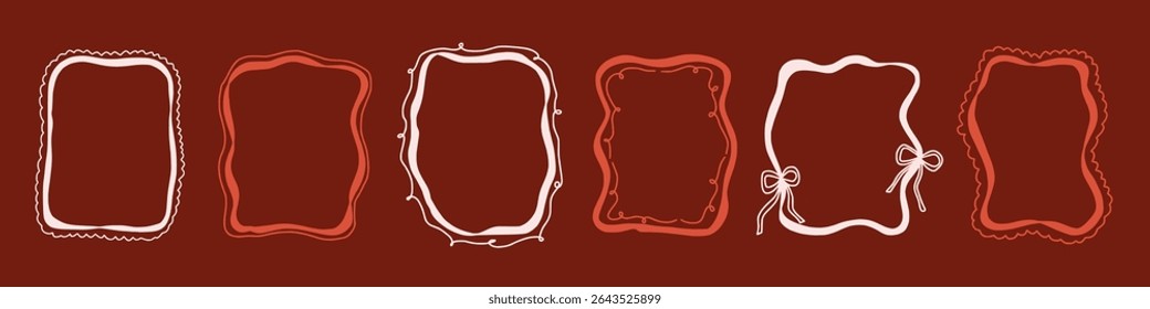 Scallop frame with line and bow whimsical style. Wavy line decorative whimsical border frame with bow. Scallop border wavy line. Vector illustration