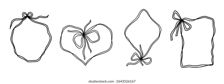 Scallop frame with line and bow whimsical style. Wavy line decorative whimsical border frame with bow. Scallop border wavy line. Vector illustration