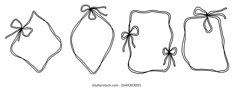 Scallop frame with line and bow whimsical style. Wavy line decorative whimsical border frame with bow. Scallop border wavy line. Vector illustration