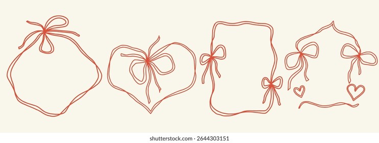 Scallop frame with line and bow whimsical style. Wavy line decorative whimsical border frame with bow. Scallop border wavy line. Vector illustration