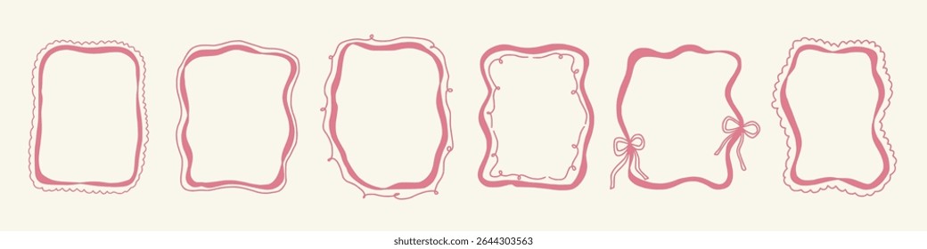 Scallop frame with line and bow whimsical style. Wavy line decorative whimsical border frame with bow. Scallop border wavy line. Vector illustration
