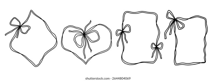 Scallop frame with line and bow whimsical style. Wavy line decorative whimsical border frame with bow. Scallop border wavy line. Vector illustration
