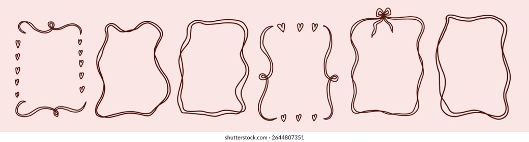 Scallop frame with line and bow whimsical style. Wavy line decorative whimsical border frame with bow. Scallop border wavy line. Vector illustration