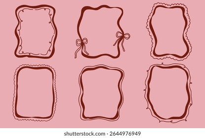 Scallop frame with line and bow whimsical style. Wavy line decorative whimsical border frame with bow. Scallop border wavy line. Vector illustration