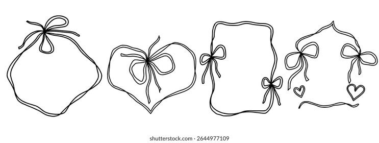 Scallop frame with line and bow whimsical style. Wavy line decorative whimsical border frame with bow. Scallop border wavy line. Vector illustration