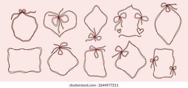 Scallop frame with line and bow whimsical style. Wavy line decorative whimsical border frame with bow. Scallop border wavy line. Vector illustration