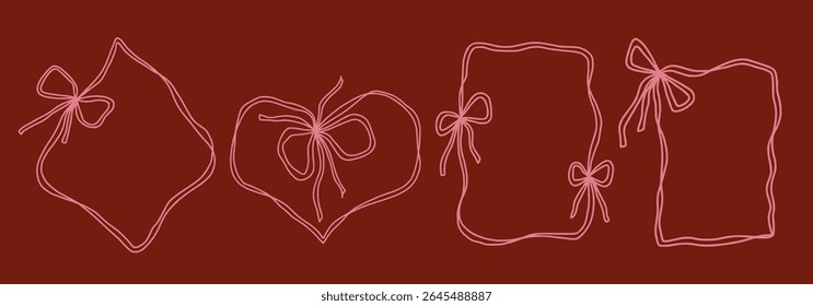 Scallop frame with line and bow whimsical style. Wavy line decorative whimsical border frame with bow. Scallop border wavy line. Vector illustration