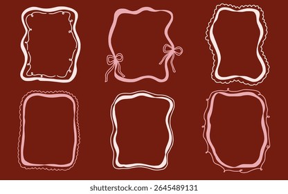 Scallop frame with line and bow whimsical style. Wavy line decorative whimsical border frame with bow. Scallop border wavy line. Vector illustration