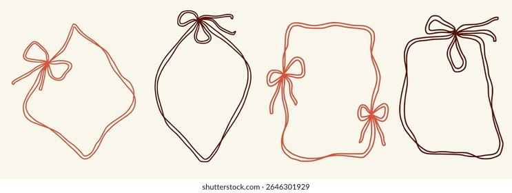 Scallop frame with line and bow whimsical style. Wavy line decorative whimsical border frame with bow. Scallop border wavy line. Vector illustration