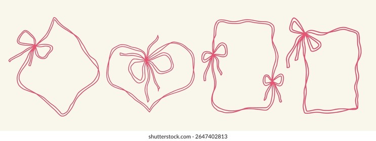 Scallop frame with line and bow whimsical style. Wavy line decorative whimsical border frame with bow. Scallop border wavy line. Vector illustration