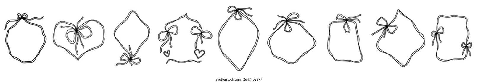 Scallop frame with line and bow whimsical style. Wavy line decorative whimsical border frame with bow. Scallop border wavy line. Vector illustration