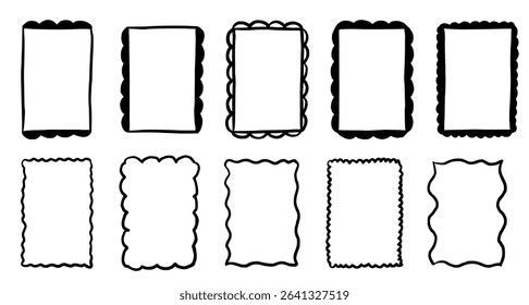 Scallop frame with line whimsical style. Wavy line decorative border frame black color. Scallop border wavy line. Vector illustration