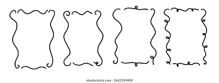 Scallop frame with line whimsical style. Wavy line decorative whimsical border frame black color. Scallop border wavy line. Vector illustration