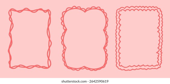 Scallop frame with line whimsical style. Wavy line decorative whimsical border frame black color. Scallop border wavy line. Vector illustration