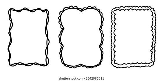 Scallop frame with line whimsical style. Wavy line decorative whimsical border frame black color. Scallop border wavy line. Vector illustration