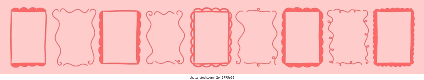 Scallop frame with line whimsical style. Wavy line decorative whimsical border frame black color. Scallop border wavy line. Vector illustration