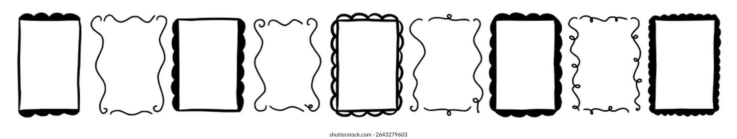 Scallop frame with line whimsical style. Wavy line decorative whimsical border frame black color. Scallop border wavy line. Vector illustration