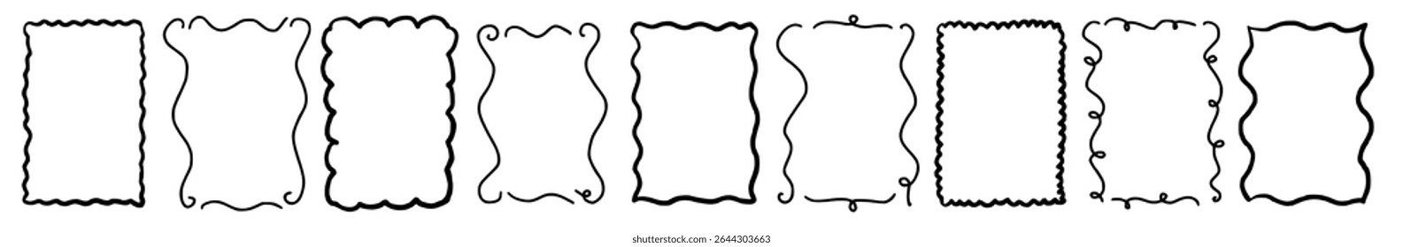 Scallop frame with line whimsical style. Wavy line decorative whimsical border frame black color. Scallop border wavy line. Vector illustration