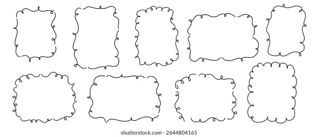 Scallop frame with line whimsical style. Wavy line decorative whimsical border frame black color. Scallop border wavy line. Vector illustration