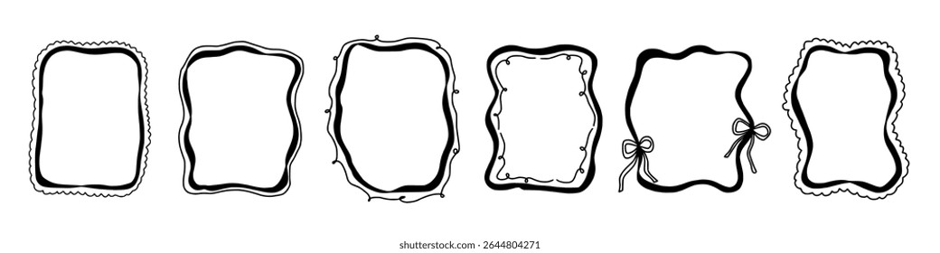 Scallop frame with line whimsical style. Wavy line decorative whimsical border frame black color. Scallop border wavy line. Vector illustration