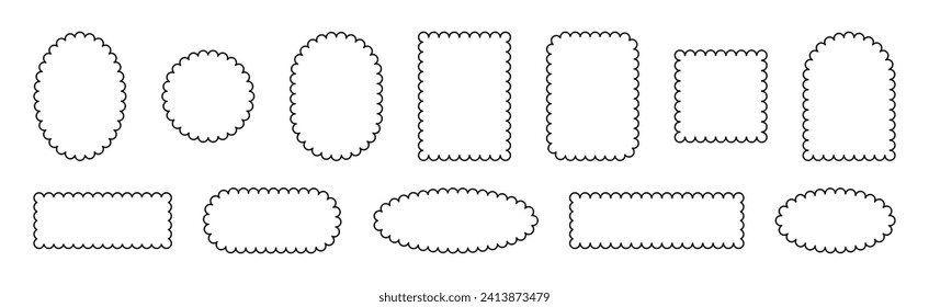 Scallop-Rahmen. Der Umriss der Spitzen-Ränder der Elemente. Entwurf einer Vektorgrafik von isolierten geometrischen Formen von Kreisen, Eizellen und Rechtecken auf weißem Hintergrund.