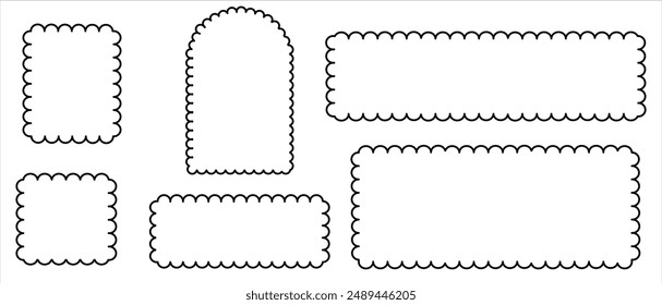 Scallop frame. The outline of the lace edges of the borders of the elements. Design vector collection of isolated geometric shapes of circles, ovals and rectangles on a white background.
