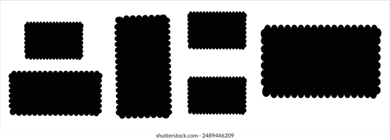 Scallop frame. The outline of the lace edges of the borders of the elements. Design vector collection of isolated geometric shapes of circles, ovals and rectangles on a white background.
