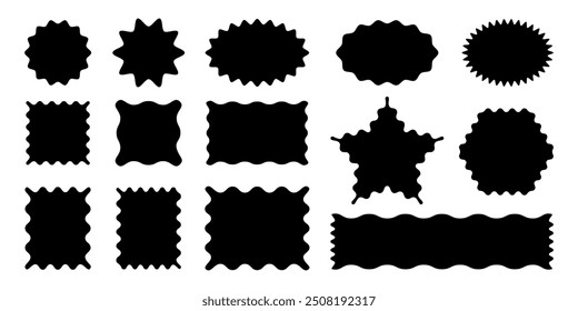 Conjunto de marco de festón. Diferentes Formas onduladas con borde ondulado. Zig zag sellos o menear pegatinas para foto, insignia, diseño de etiqueta. Etiquetas curvas aisladas sobre fondo blanco, Ilustración vectorial.