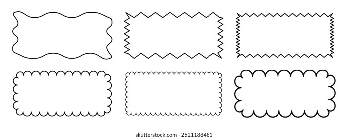 Conjunto de quadros de vieira. Diferentes formas onduladas com bordas onduladas. Selos de ziguezague ou adesivos de wiggle para foto, crachá, design de tag. Rótulos curvados isolados no plano de fundo branco, traçado editável.