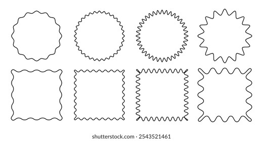 Conjunto de quadros de vieira. Diferentes formas onduladas com bordas onduladas. Selos de ziguezague ou adesivos de wiggle para foto, crachá, design de tag. Rótulos curvados isolados no plano de fundo branco, traçado editável.