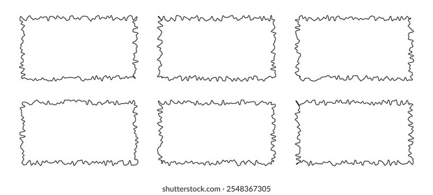 Conjunto de quadros de vieira. Diferentes formas onduladas com bordas onduladas. Selos de ziguezague ou adesivos de wiggle para foto, crachá, design de tag. Rótulos curvados isolados no plano de fundo branco, traçado editável.