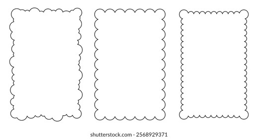 Scallop frame set. Different wavy shapes with squiggly edge border. Zig zag stamps or wiggle stickers for photo, badge, tag design. Curvy labels isolated on white background, editable stroke.