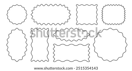 Scallop frame set. Different wavy shapes with squiggly edge border. Zig zag stamps or wiggle stickers for photo, badge, tag design. Curvy labels isolated on white background, editable stroke.