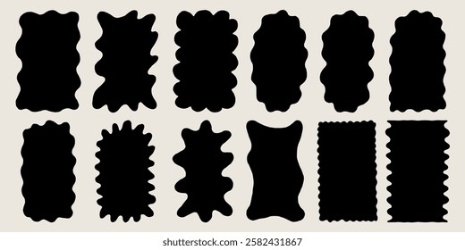 Scallop Frame Wavy Shape Black Silhouette Set. Rectangle Squiggle Wiggle Figure Collection. Vector Corrugated Border