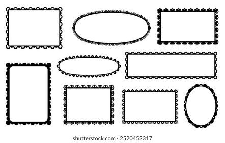 Molduras de vieira e divisores, bordas de renda de borda, fitas de enchimento com padrão de ornamento de tecido. Formas redondas, ovais, quadradas ou retangulares com curvas elegantes pretas apresentam uma complexidade vintage